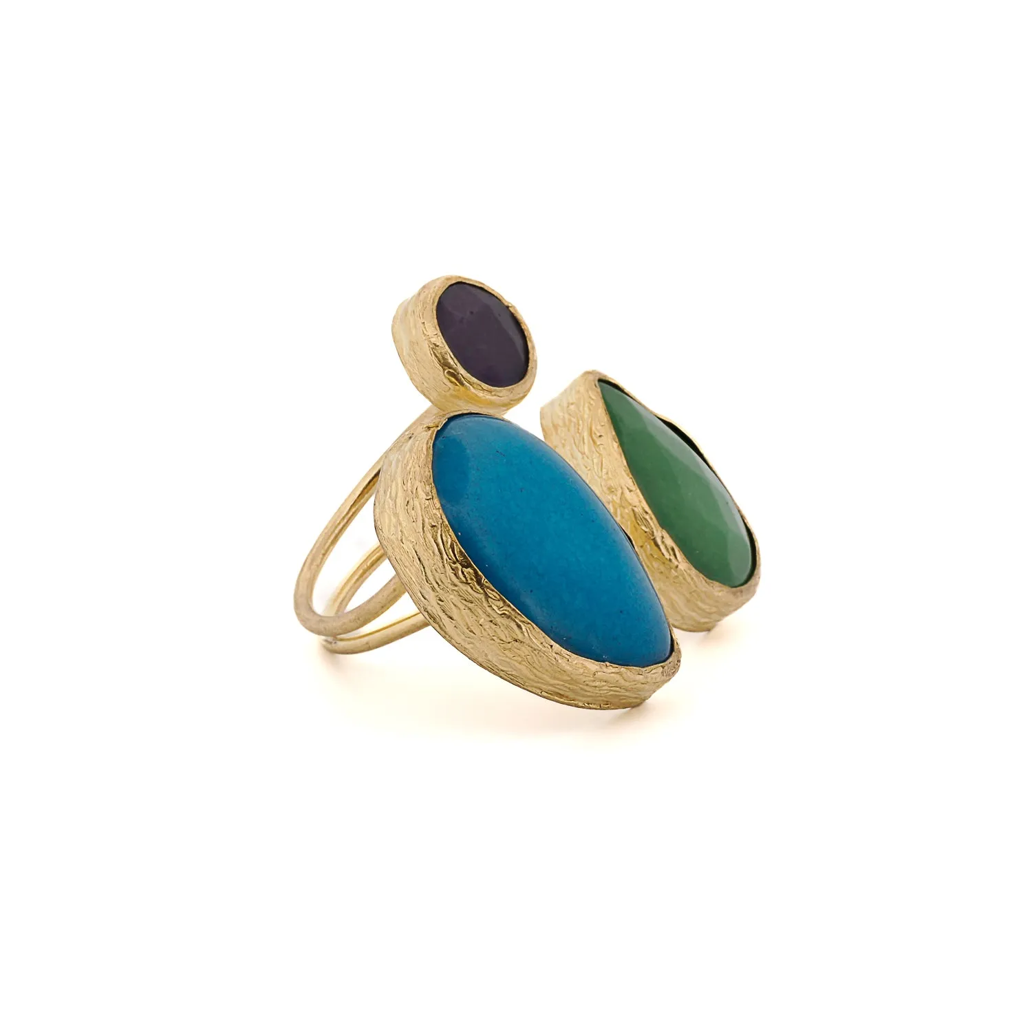 Triple Gemstone Color Symphony Adjustable Chunky Ring