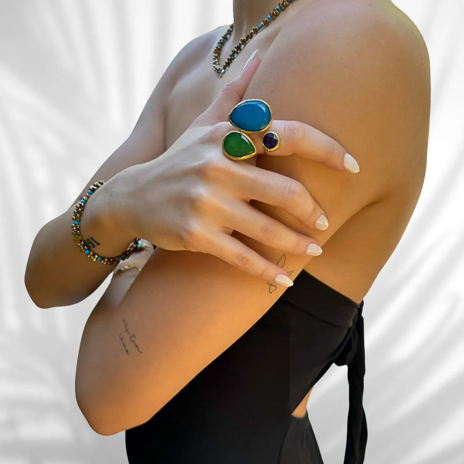 Triple Gemstone Color Symphony Adjustable Chunky Ring