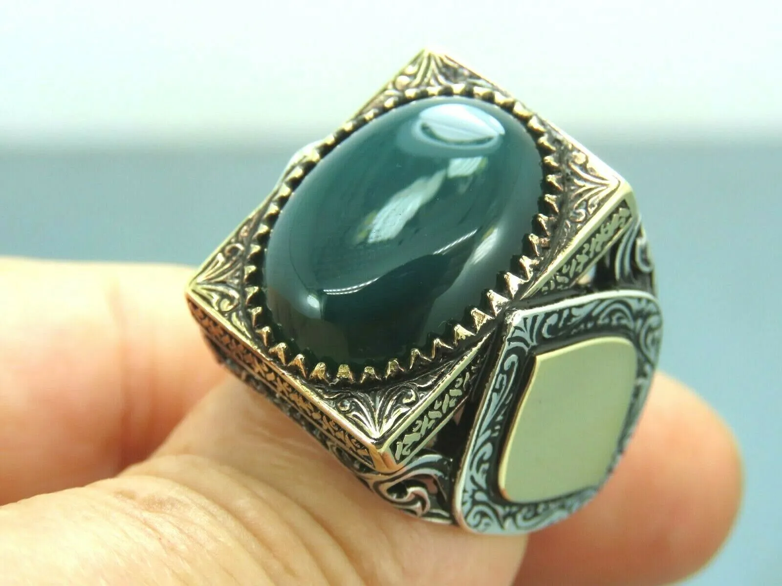 Turkish Handmade Jewelry 925 Sterling Silver Agate Stone Engraved Mens Rings