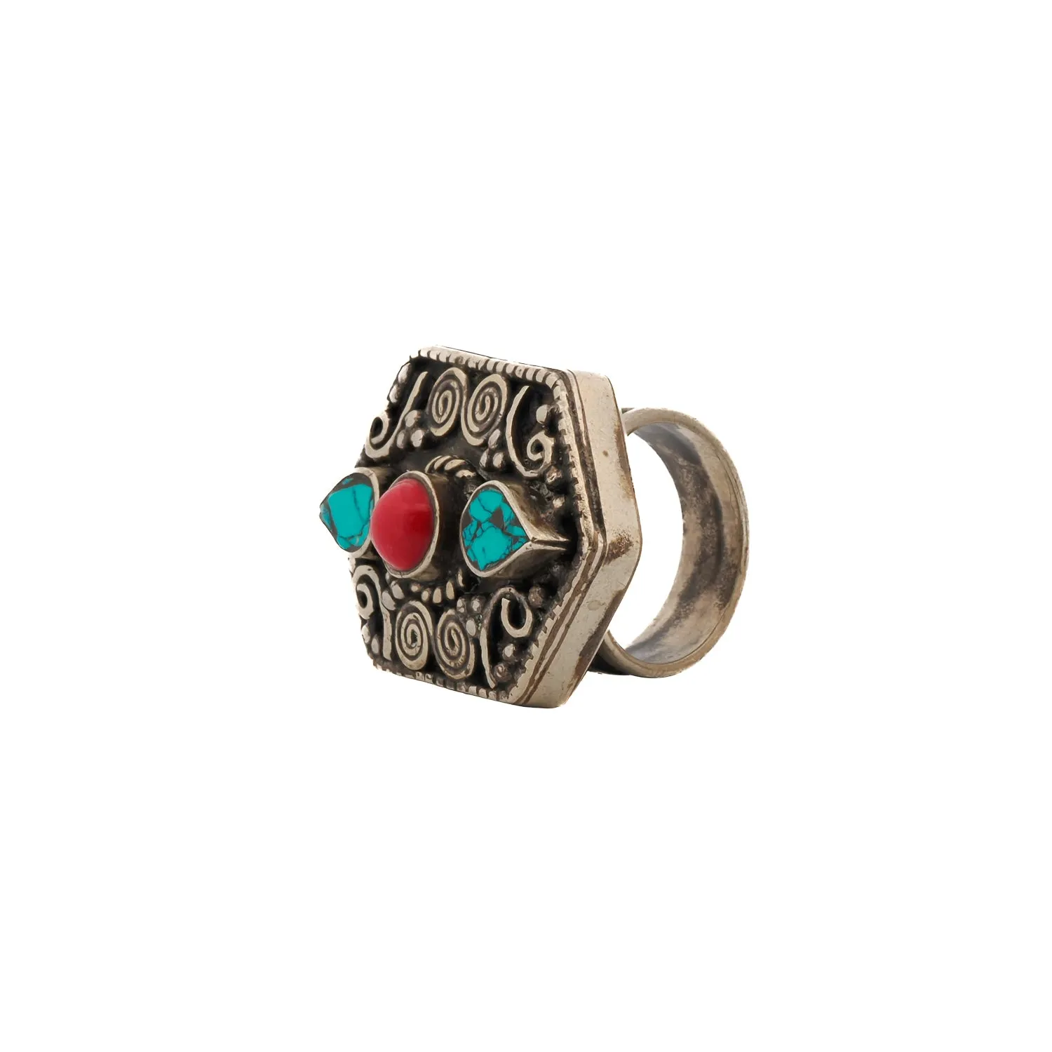 Turquoise & Coral Gemstone Spiral Design Silver Chunky Ring