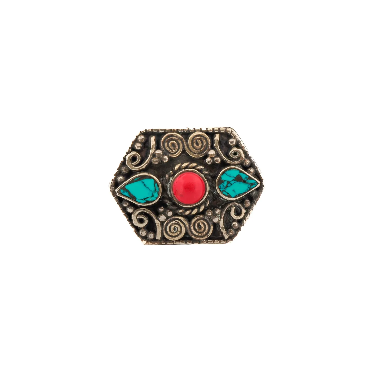 Turquoise & Coral Gemstone Spiral Design Silver Chunky Ring