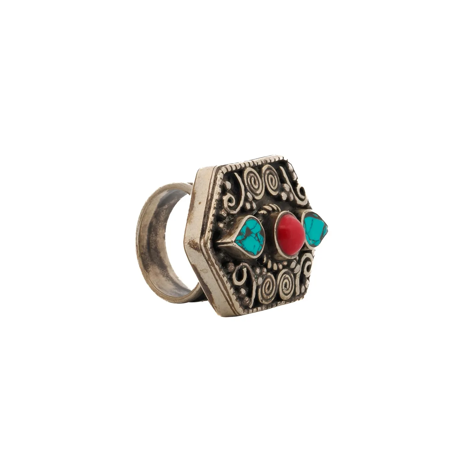 Turquoise & Coral Gemstone Spiral Design Silver Chunky Ring