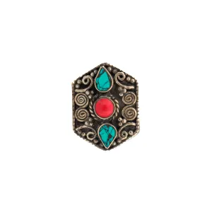Turquoise & Coral Gemstone Spiral Design Silver Chunky Ring