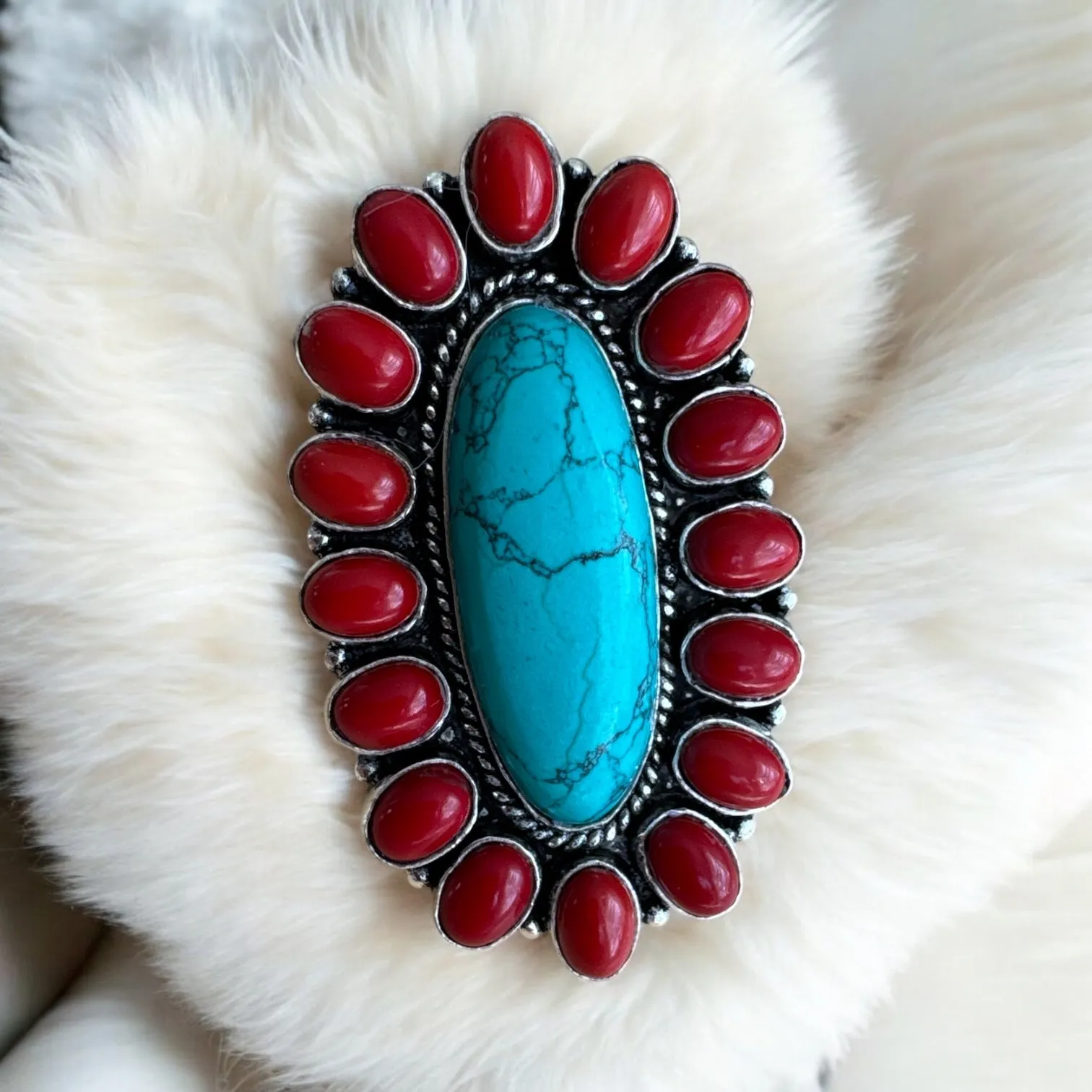 Turquoise & Red Coral Solid 925 Sterling Silver Ring 7