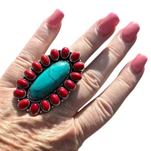 Turquoise & Red Coral Solid 925 Sterling Silver Ring 7