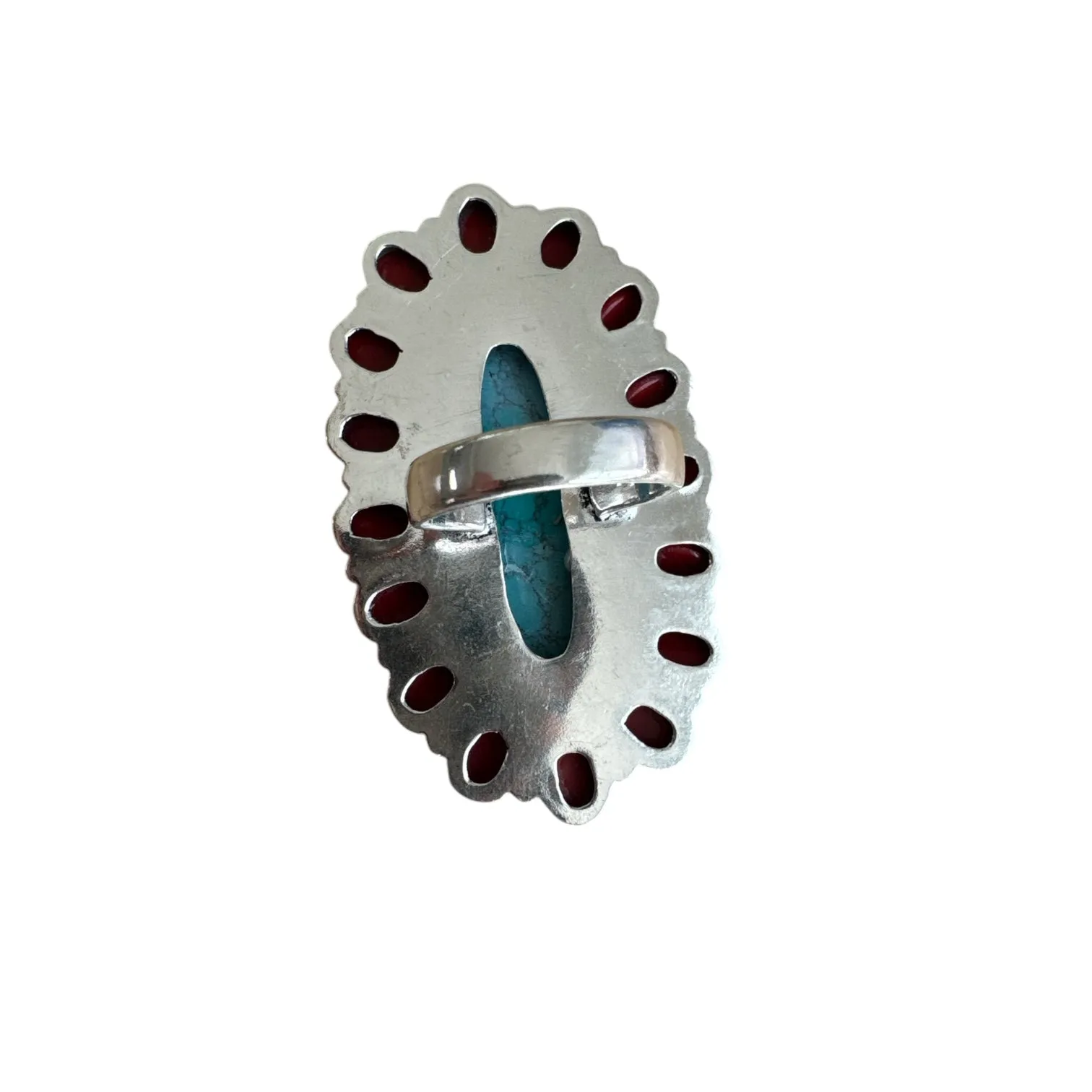 Turquoise & Red Coral Solid 925 Sterling Silver Ring 7