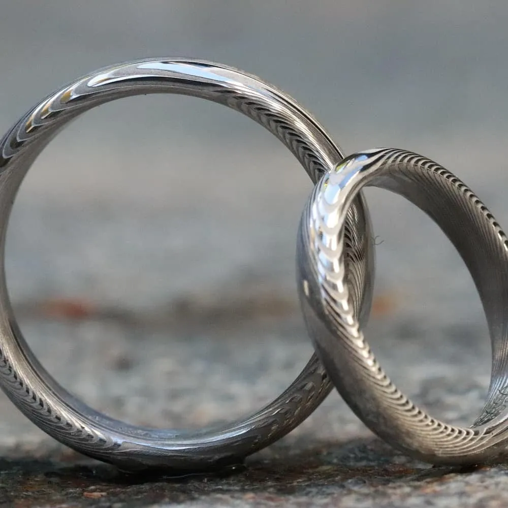 Two Genuine Damascus ring set Stainless steel Damascus  "traditional" wood-grain pattern (natural finish) rings Damascus steel ring