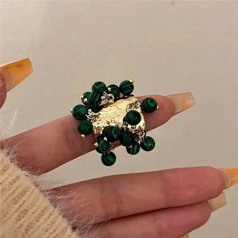 Vintage Natural Stone  Glass Multi-pendant High-grade Fringe Open Ring Women's Wedding Party Jewelry