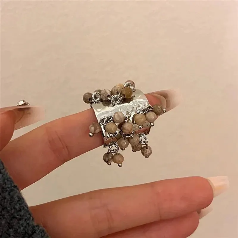 Vintage Natural Stone  Glass Multi-pendant High-grade Fringe Open Ring Women's Wedding Party Jewelry