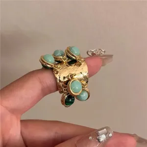 Vintage Natural Stone  Glass Multi-pendant High-grade Fringe Open Ring Women's Wedding Party Jewelry