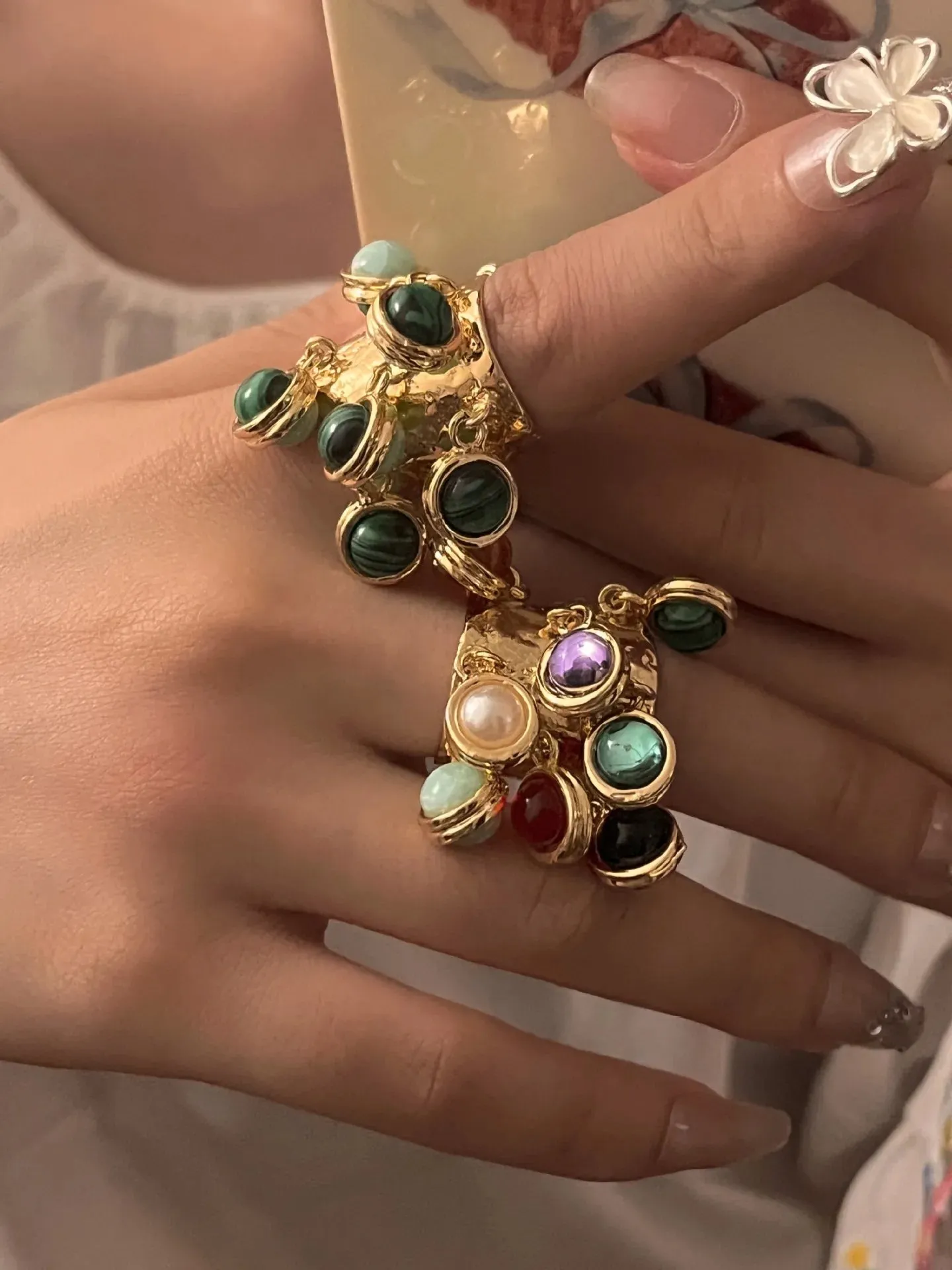 Vintage Natural Stone  Glass Multi-pendant High-grade Fringe Open Ring Women's Wedding Party Jewelry