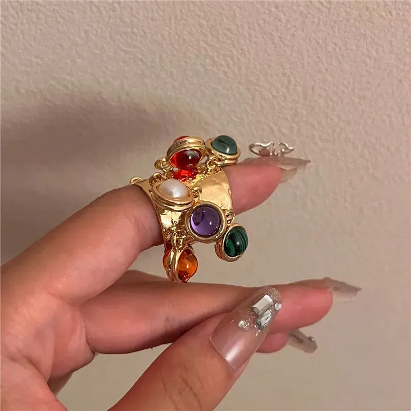 Vintage Natural Stone  Glass Multi-pendant High-grade Fringe Open Ring Women's Wedding Party Jewelry