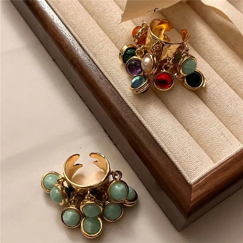 Vintage Natural Stone  Glass Multi-pendant High-grade Fringe Open Ring Women's Wedding Party Jewelry