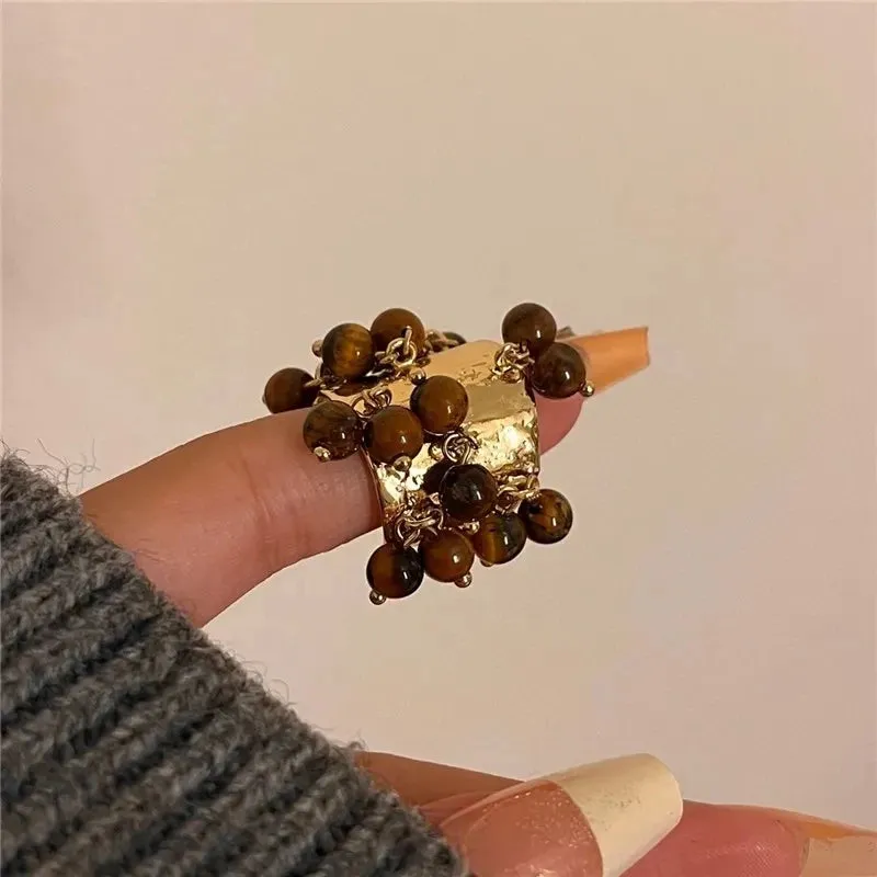 Vintage Natural Stone  Glass Multi-pendant High-grade Fringe Open Ring Women's Wedding Party Jewelry