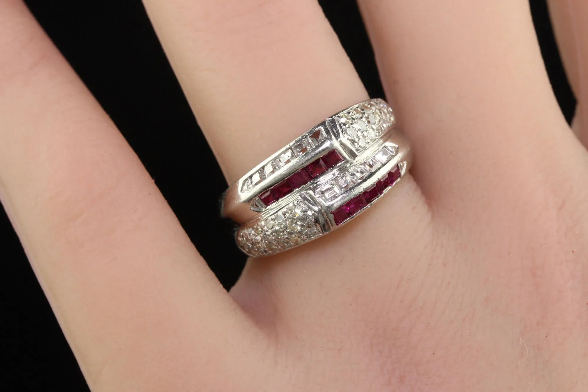 Vintage Retro Platinum Old Carre Cut Diamond and Ruby Band - Size 7 1/4