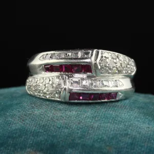 Vintage Retro Platinum Old Carre Cut Diamond and Ruby Band - Size 7 1/4