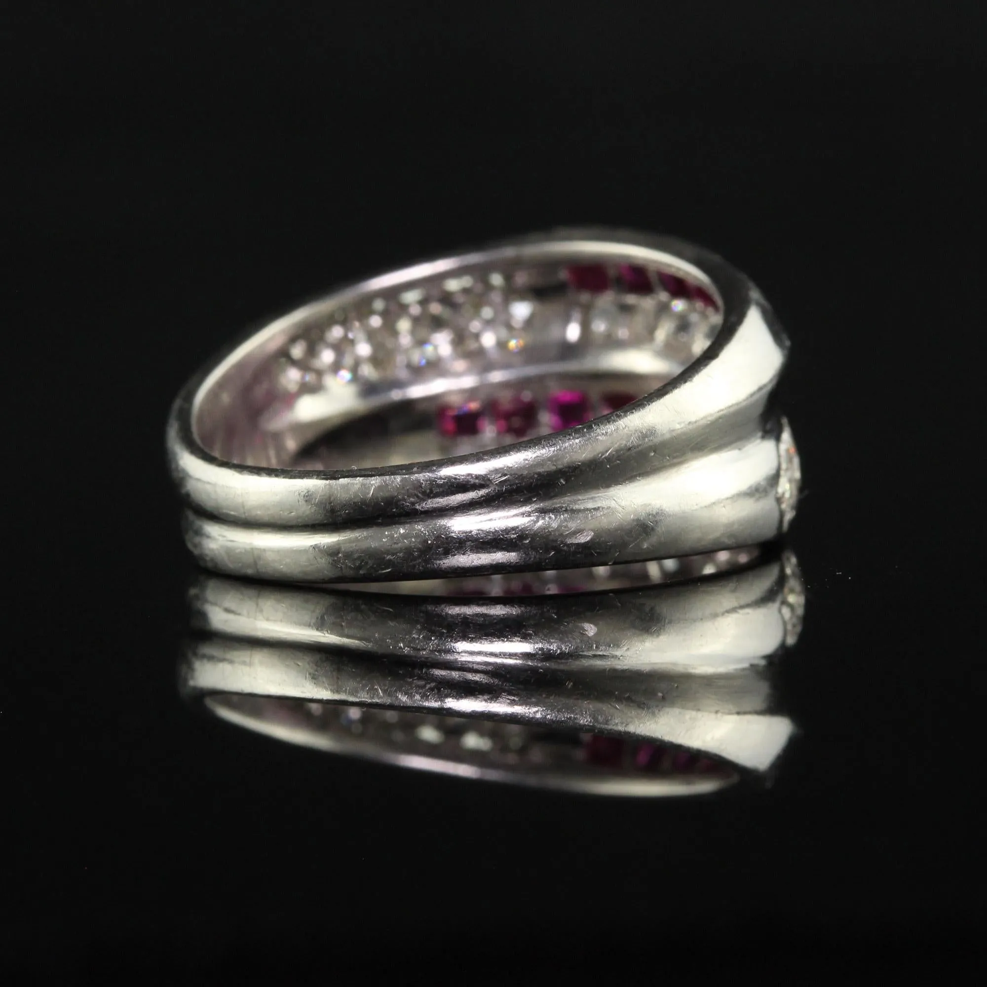 Vintage Retro Platinum Old Carre Cut Diamond and Ruby Band - Size 7 1/4