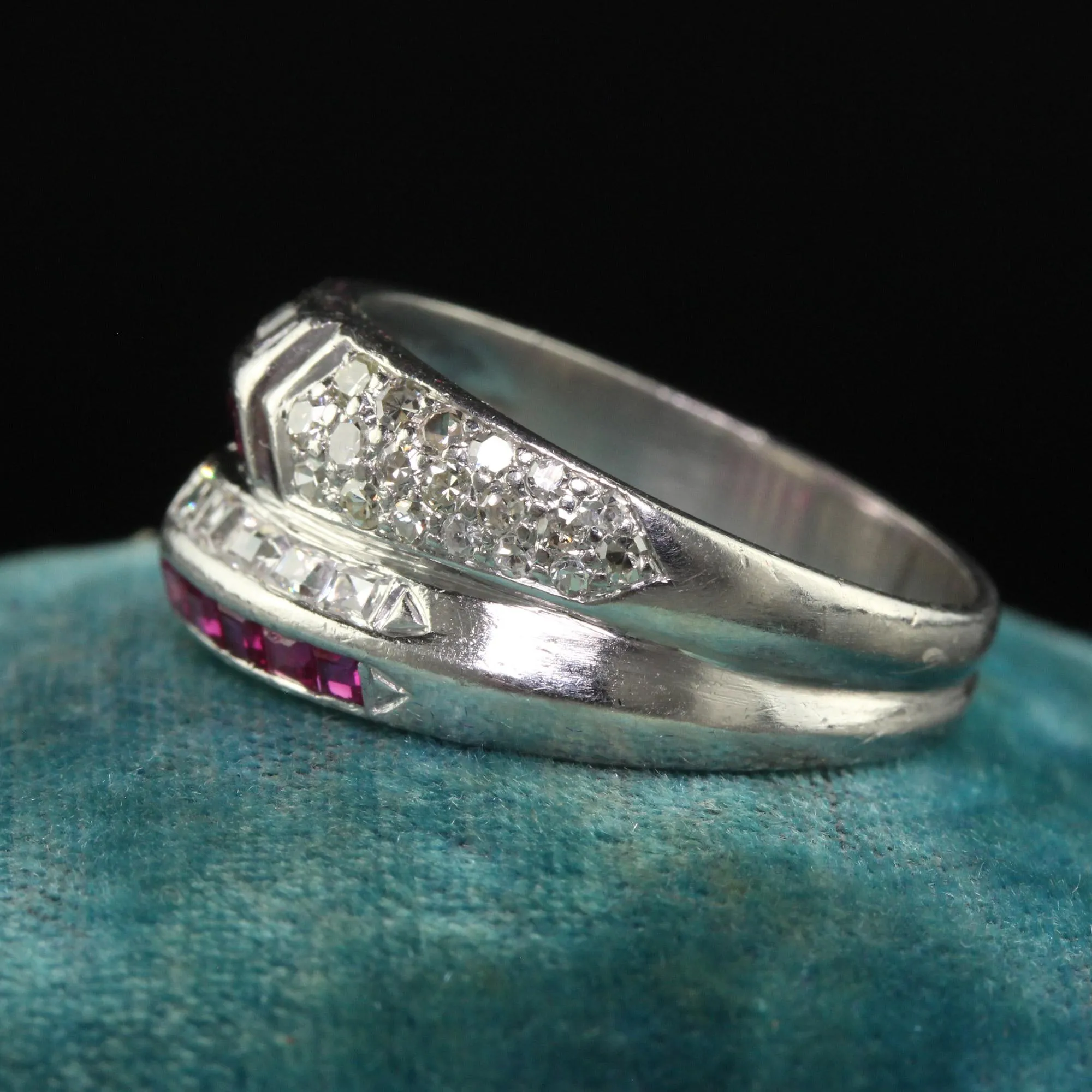 Vintage Retro Platinum Old Carre Cut Diamond and Ruby Band - Size 7 1/4