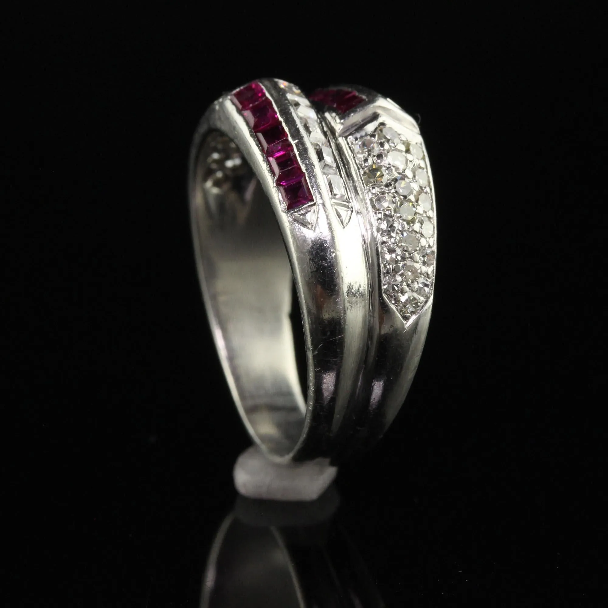 Vintage Retro Platinum Old Carre Cut Diamond and Ruby Band - Size 7 1/4