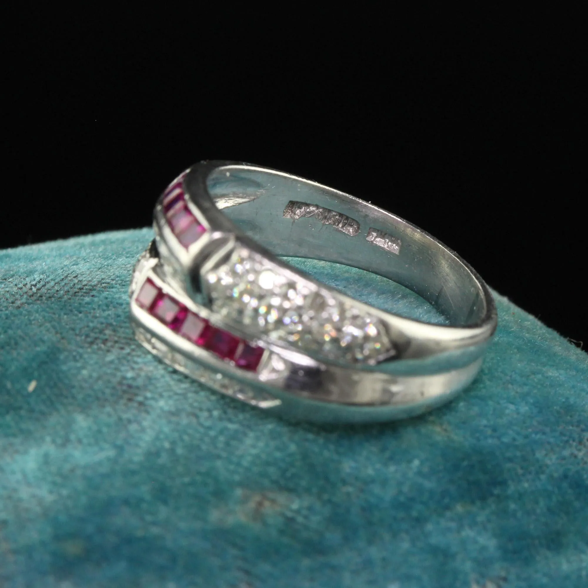 Vintage Retro Platinum Old Carre Cut Diamond and Ruby Band - Size 7 1/4