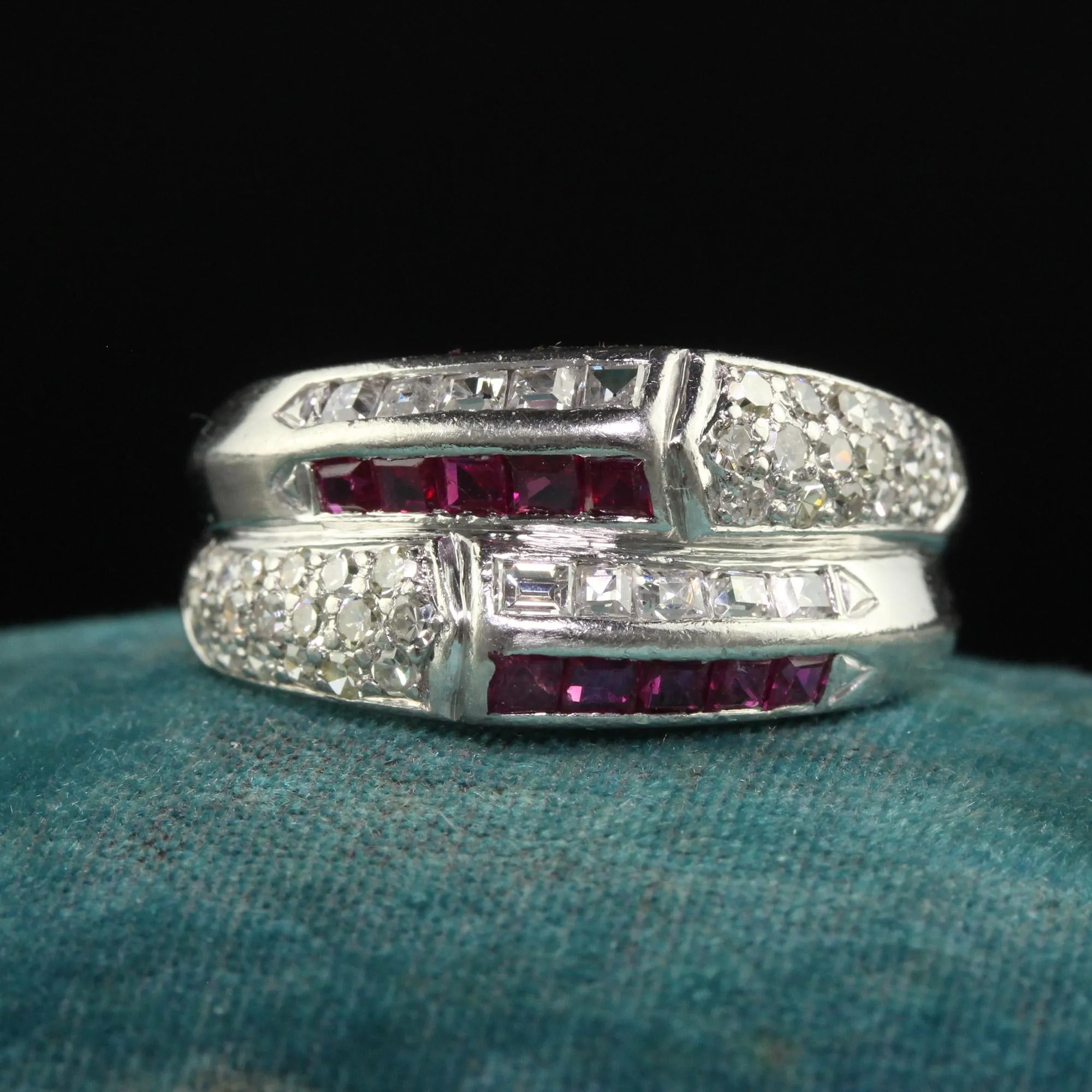Vintage Retro Platinum Old Carre Cut Diamond and Ruby Band - Size 7 1/4