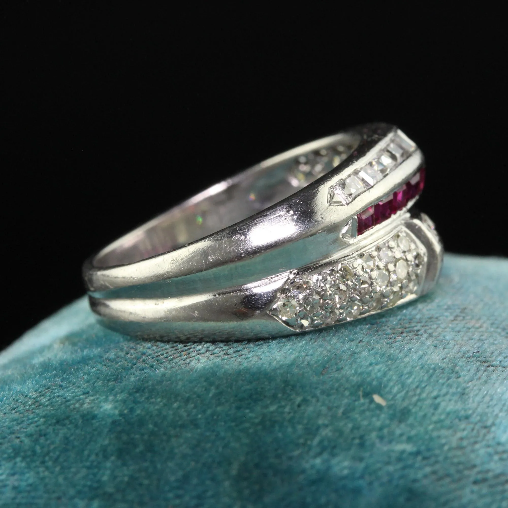 Vintage Retro Platinum Old Carre Cut Diamond and Ruby Band - Size 7 1/4