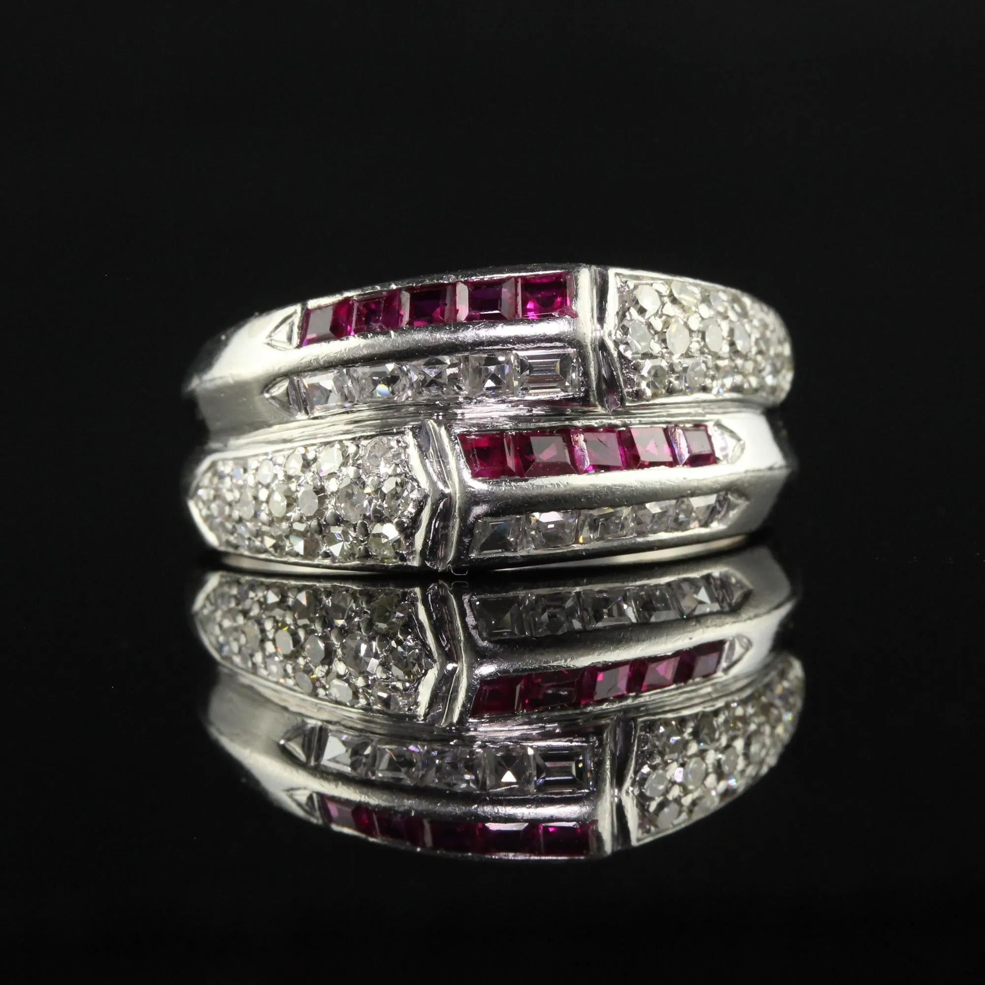 Vintage Retro Platinum Old Carre Cut Diamond and Ruby Band - Size 7 1/4