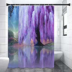 Waterproof Shower Curtain Featuring Purple Willow Tree Impressionist Art, Unique Artsy Bathroom Decor