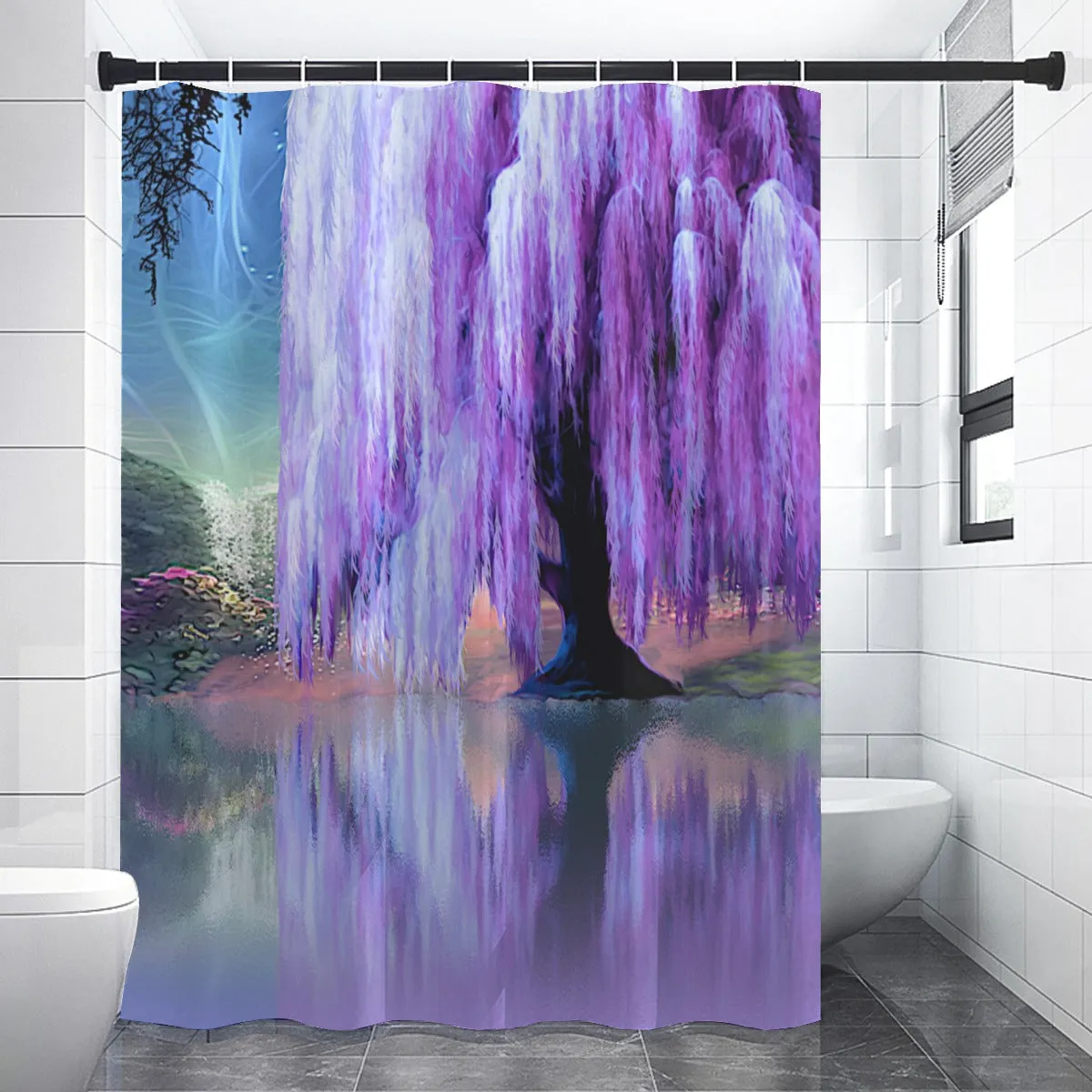 Waterproof Shower Curtain Featuring Purple Willow Tree Impressionist Art, Unique Artsy Bathroom Decor