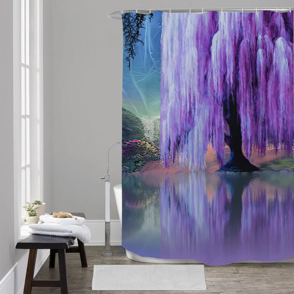 Waterproof Shower Curtain Featuring Purple Willow Tree Impressionist Art, Unique Artsy Bathroom Decor