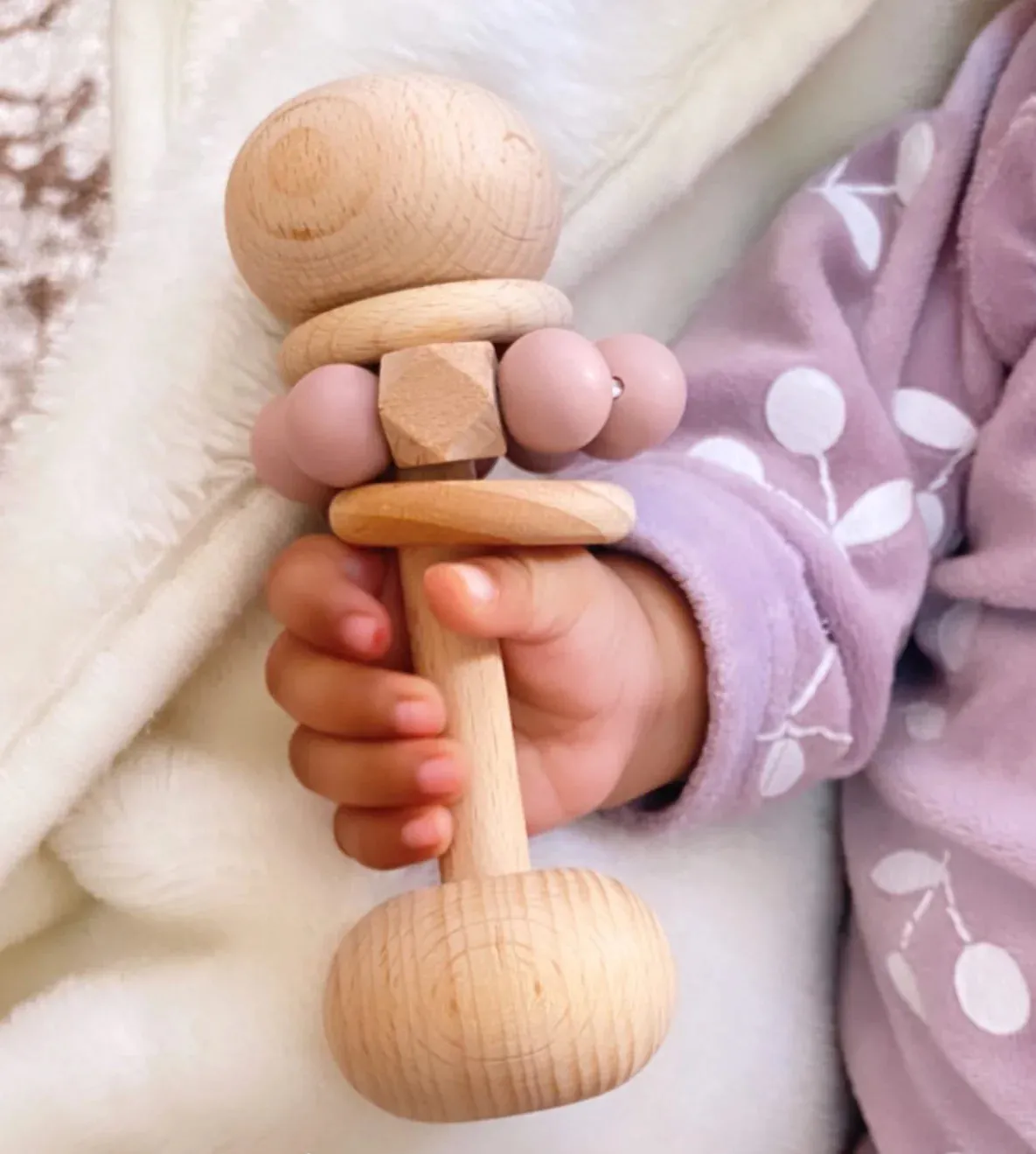 Wooden Rattle with Blush Silicone Beads