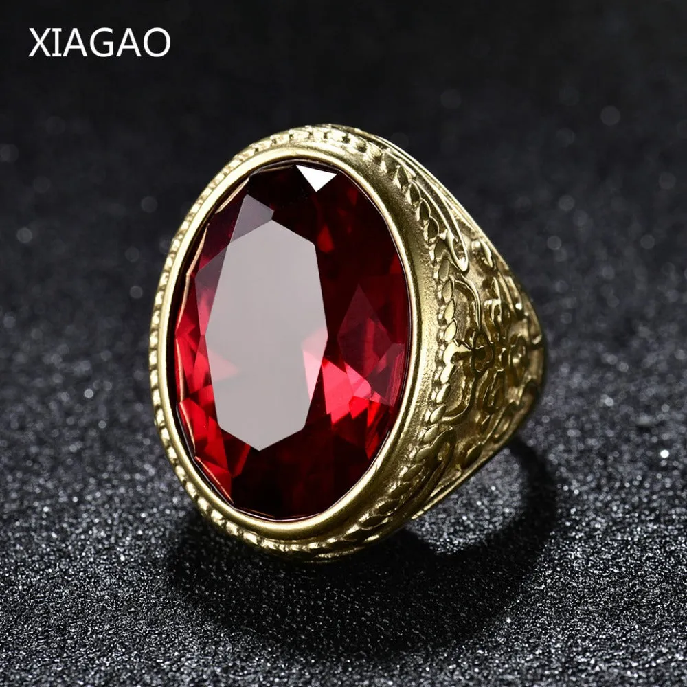 XIAGAO Cool Punk Real 316L stainless steel Red Ring Men's big red Crystal red stones Finger Rings for man Gothic Casting Ring