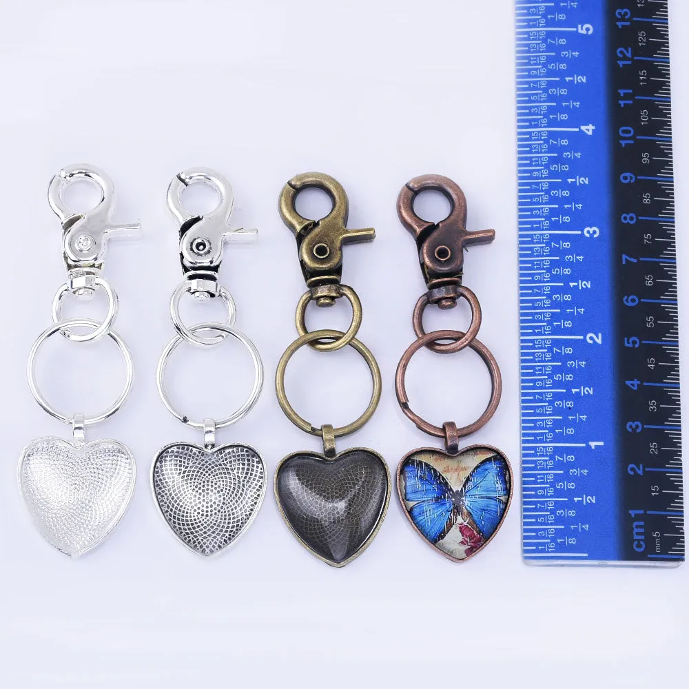 Zinc Alloy Key Chain Kits 25mm Heart Pendant Tray Kits heart Glass Setting 5pcs/set