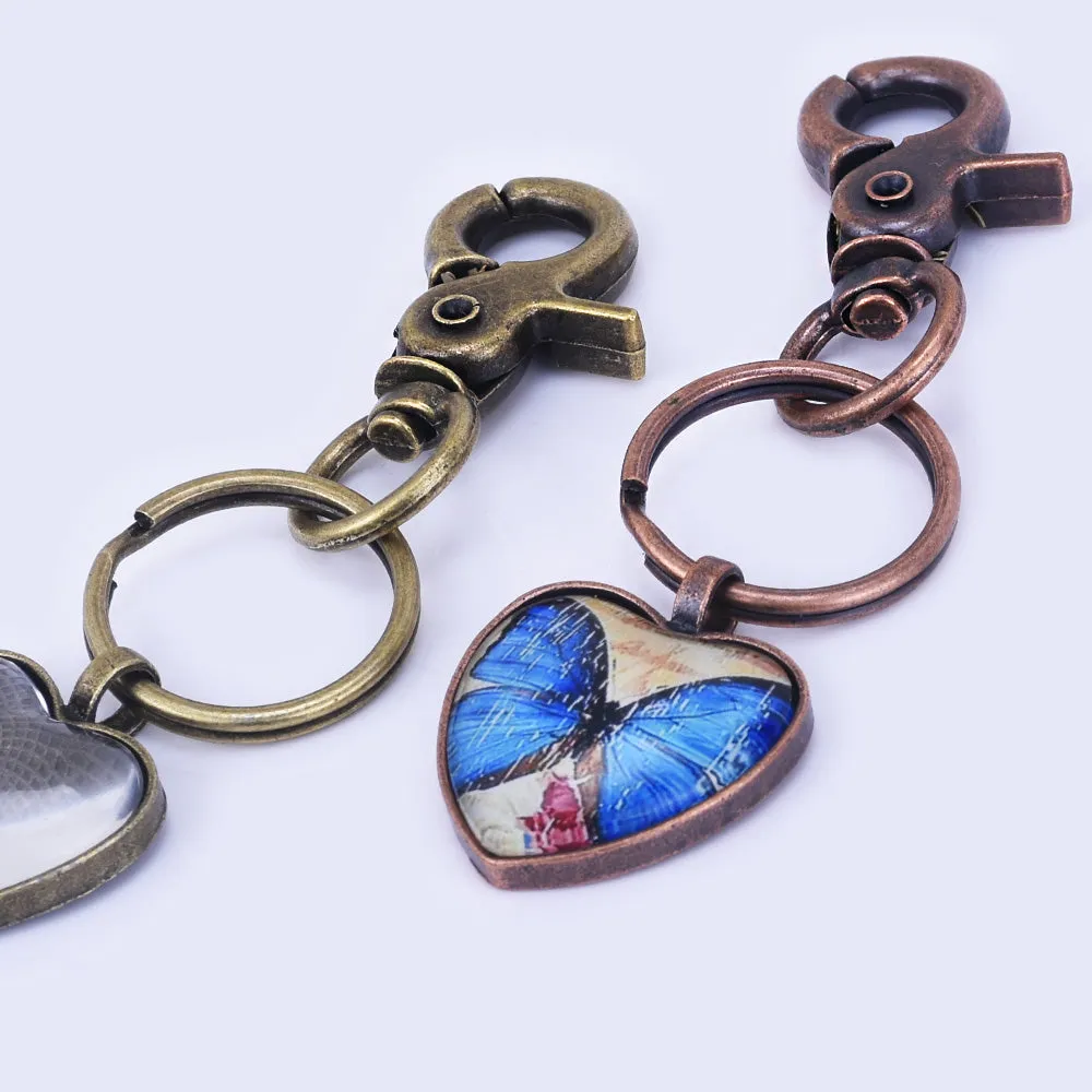 Zinc Alloy Key Chain Kits 25mm Heart Pendant Tray Kits heart Glass Setting 5pcs/set