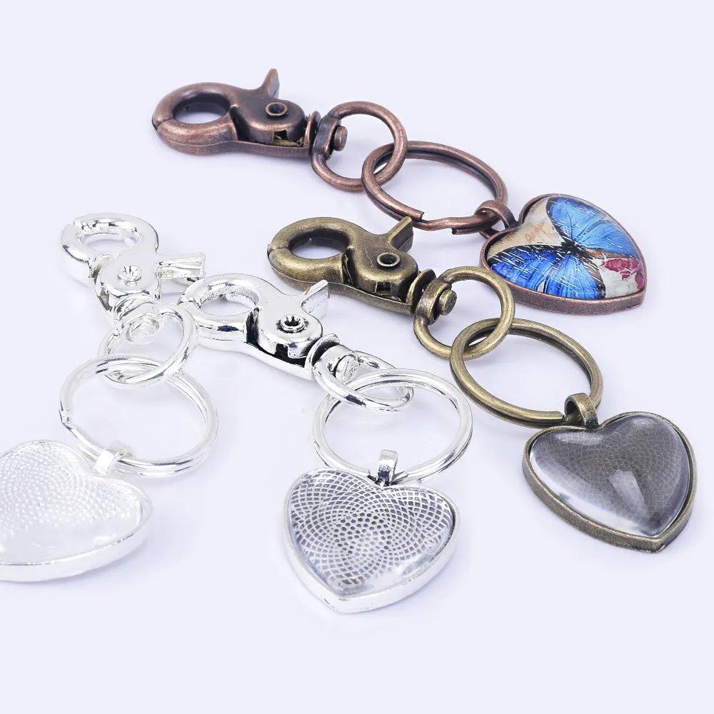 Zinc Alloy Key Chain Kits 25mm Heart Pendant Tray Kits heart Glass Setting 5pcs/set
